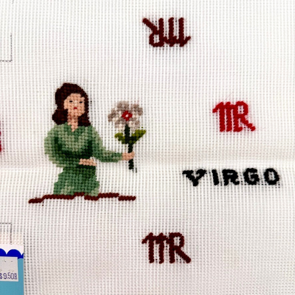 Vintage Dritz Preworked Needlepoint Canvas Virgo Zodiac Brick Cover Doorstop HTF